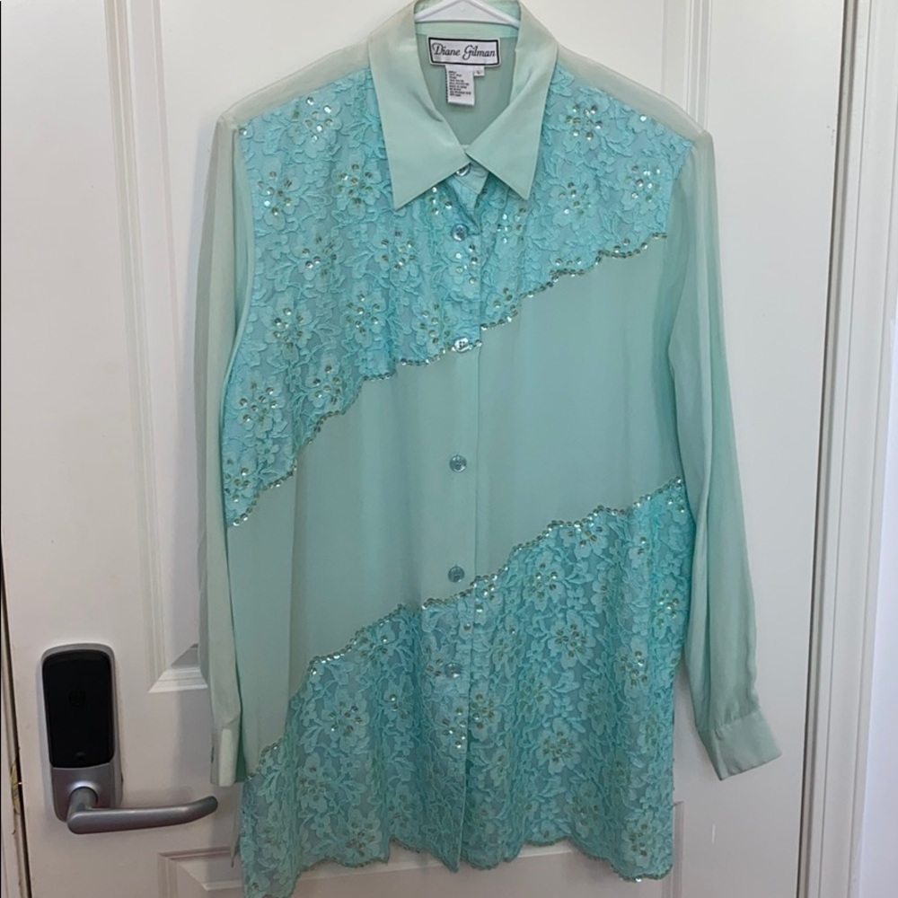 DIANE GILMAN Blue Floral Lace Sequin Shirt